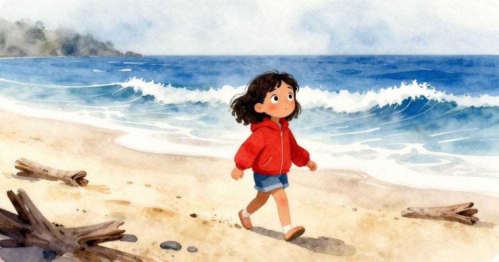 Mira在晨霧中踏上退潮後的沙灘,認真尋找漂流木,背景海浪與晨光柔和,充滿期待與決心。