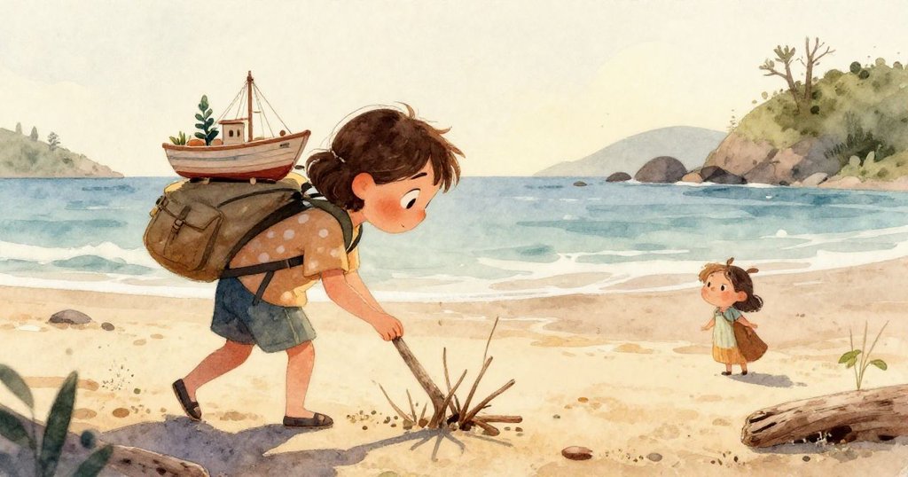 Mira低頭檢視一塊漂流木,臉上流露出驚奇與堅定,海灘背景隱約,前景細節豐富。