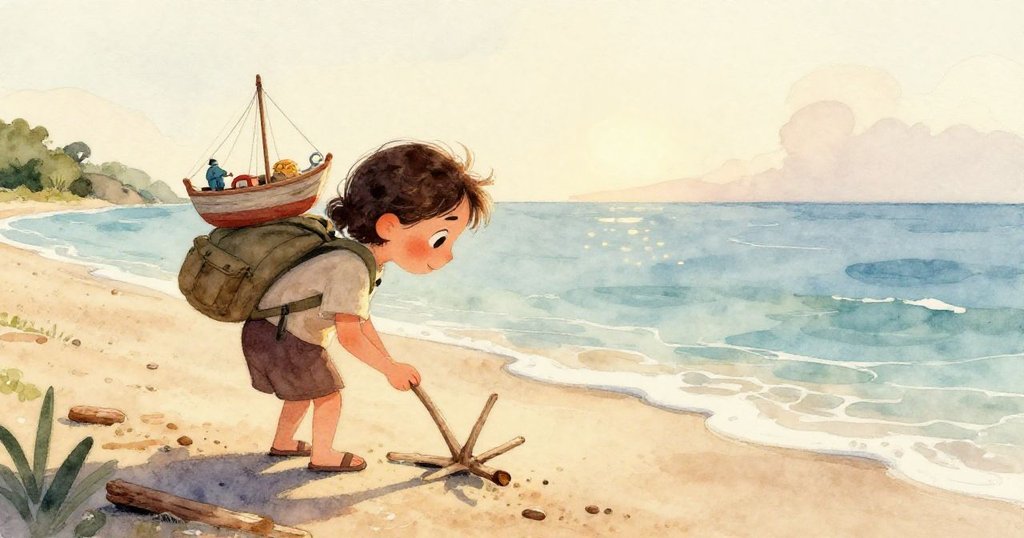 Mira在海灘上分畫面呈現,左側彎腰拾起漂流木,右側漂流枝向靴子滾動,展現探索與發現的瞬間。