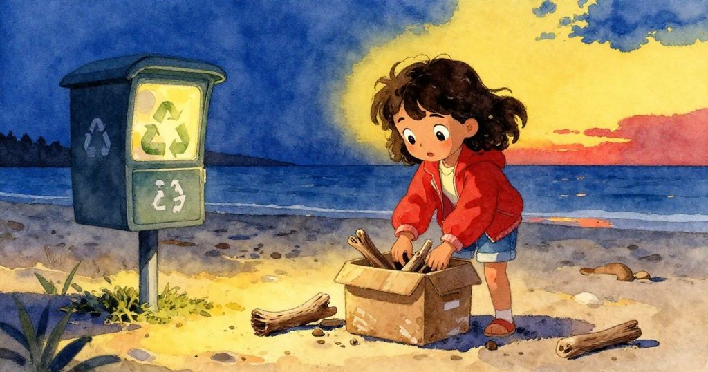 黃昏海邊Mira帶著漂流木回收,細心放入破損紙箱,夕陽映照下露出疲憊與執著。