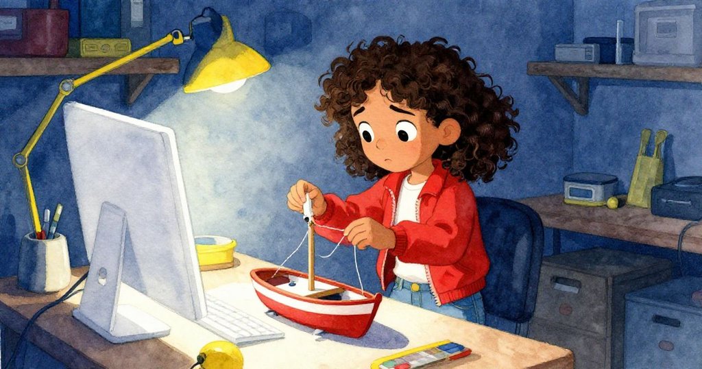 地下工作室中,Mira眉頭緊蹙調整模型,手忙腳亂面對工具與散落材料,屏幕嚴寒白光映出內心掙扎。