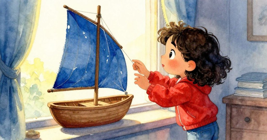 晨光灑入室內,Mira滿懷微笑將完成小船擱於窗台,小船獨特木帆象徵成功與未來冒險啟程。