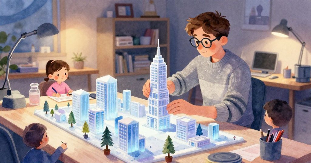 Luca在溫暖光影中於雜亂小桌前擺放最後塔模型，神情專注，室內夕陽餘暉映照出他的努力與滿足。