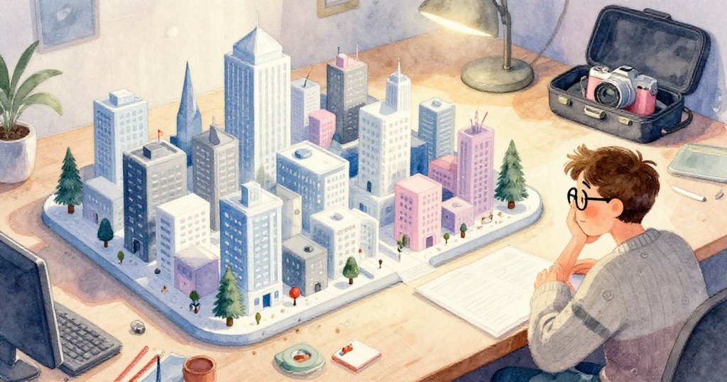 傍晚時分，Luca駐足欣賞充滿生活痕跡的微縮城市模型，桌上整齊陳列創意修補痕跡，溫暖光影中顯露成就與寧靜。