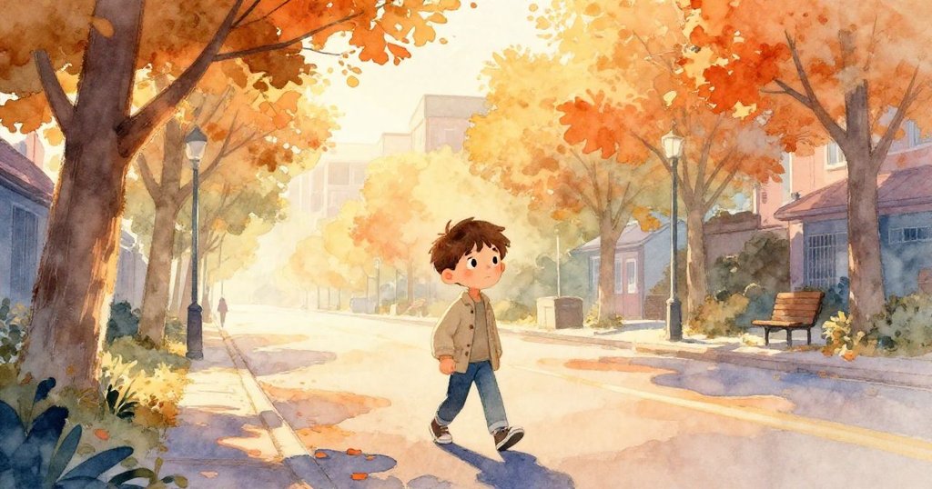 萊恩手提蛋糕沿楓樹大道在晨光中前行，充滿決心與喜悅，背景展現春意盎然的城市景致。