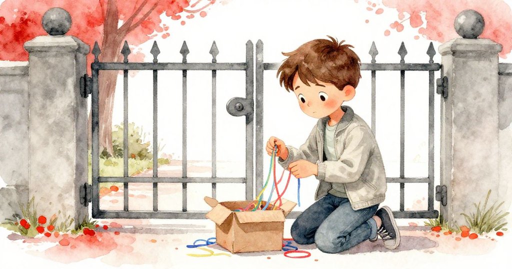 萊恩跪在公園門旁，專注地解開繽紛飄帶纏繞蛋糕盒，柔和光線襯托出溫馨細節。