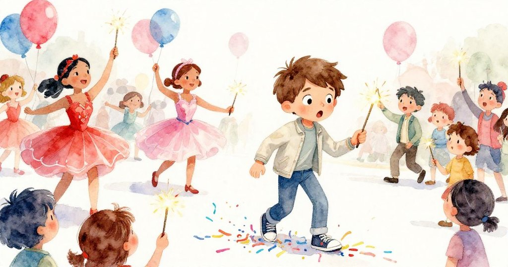 萊恩在傾斜視角中驚訝地望著飄帶落在鞋上，背景中舞者、氣球與火花棒兒童營造出熱鬧遊行動感。