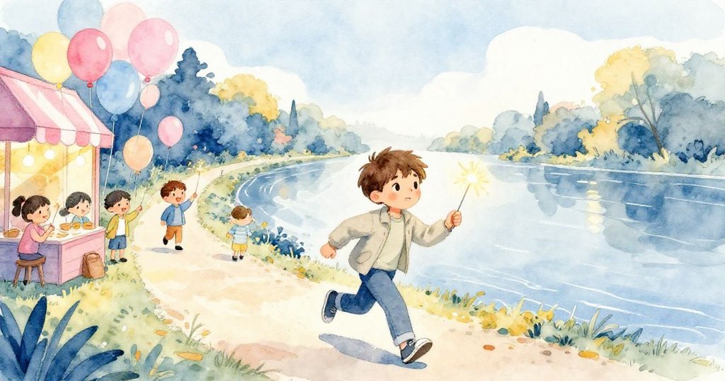 萊恩在午後沿河畔小徑急步前行，周圍店面展示氣球，孩童揮舞火花棒，展現從繁忙遊行到平靜時刻的轉換。