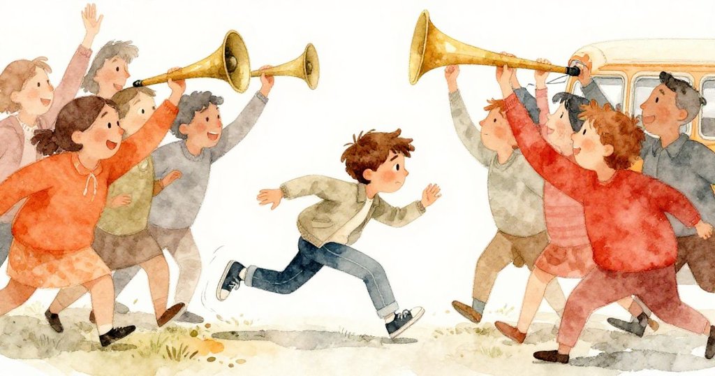 萊恩在喇叭聲中迅速穿越遊行空隙，舞者驚訝後後退，彼此眼神交流流露出緊張與釋放。