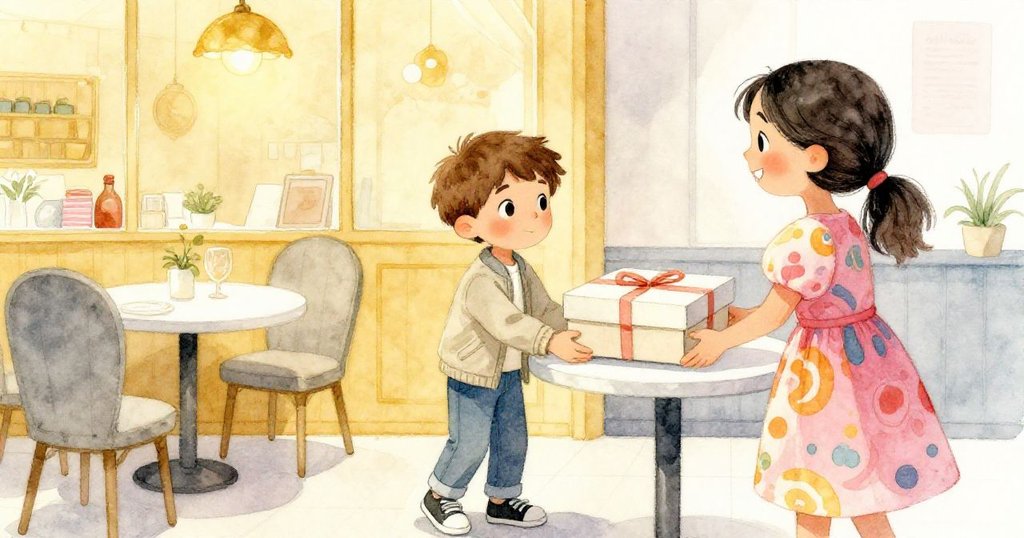 萊恩走進溫馨餐廳，與微笑迎接的妹妹團聚，他輕放整齊蛋糕盒於桌上，室內光影溫暖慶祝氛圍濃厚。