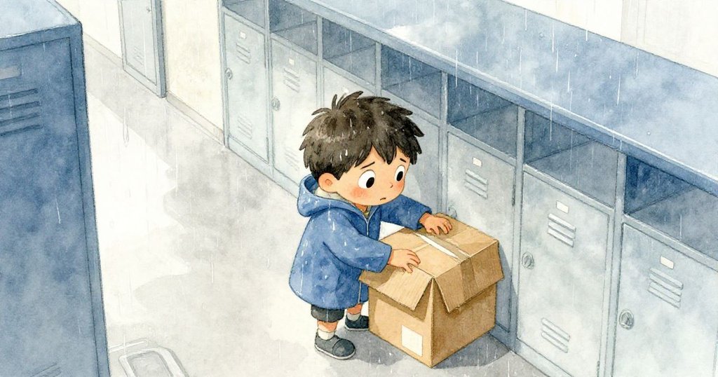 Leo 從高處俯瞰,在校園儲物櫃旁調整紙箱,神情焦急,背景雨勢連綿,突顯出孤立與不安。