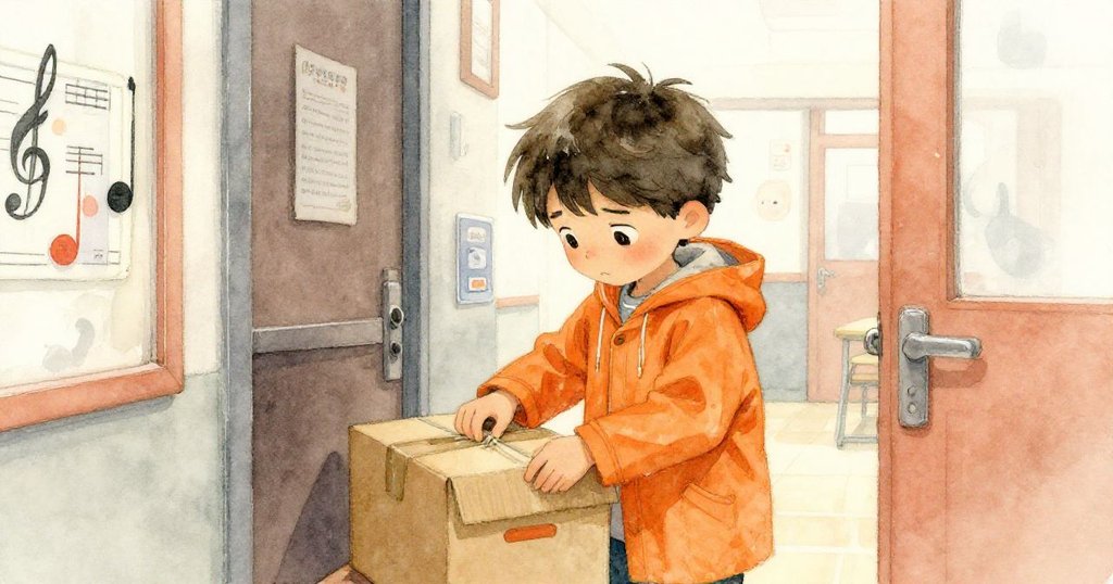 Leo 在學校隱蔽角落靠近音樂室門,細心摺疊紙箱邊緣,臉上表情專注且略顯緊張。