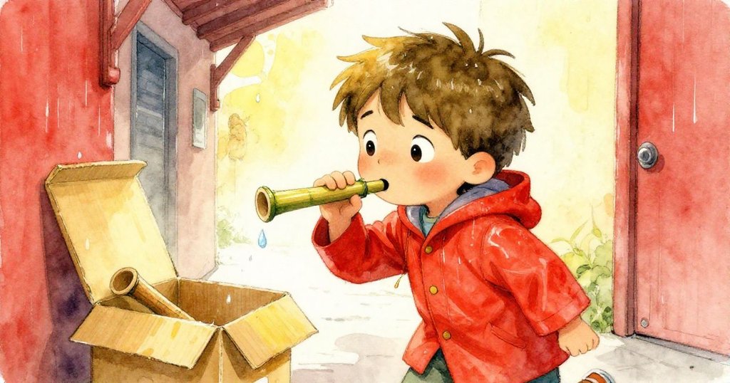 Leo 在走廊避雨時,雨滴觸碰竹樂器發出悅耳口哨,臉上流露驚訝與堅定,捕捉音樂奇蹟瞬間。