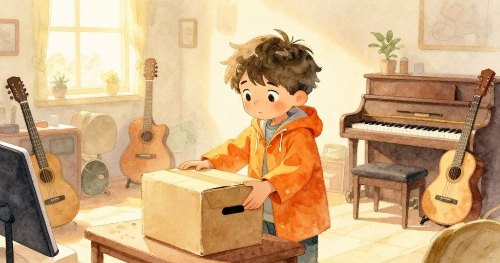 Leo 走入溫暖音樂室,輕放裝竹樂器的紙箱於桌上,室內陽光柔和,結束冒險後露出安心微笑。