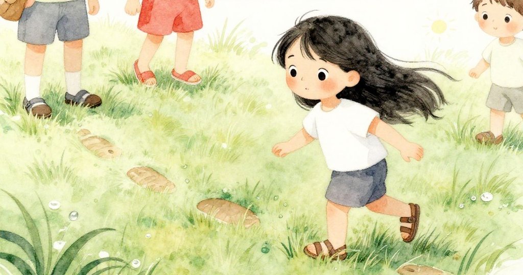 莉拉的涼鞋印在柔軟草地上,步伐輕快,旁邊同學逐漸聚集,展現故事發展瞬間。