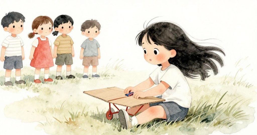 莉拉決心調整紙飛機,專注摺疊與校正重心,同學遠望,呈現抉擇時刻。