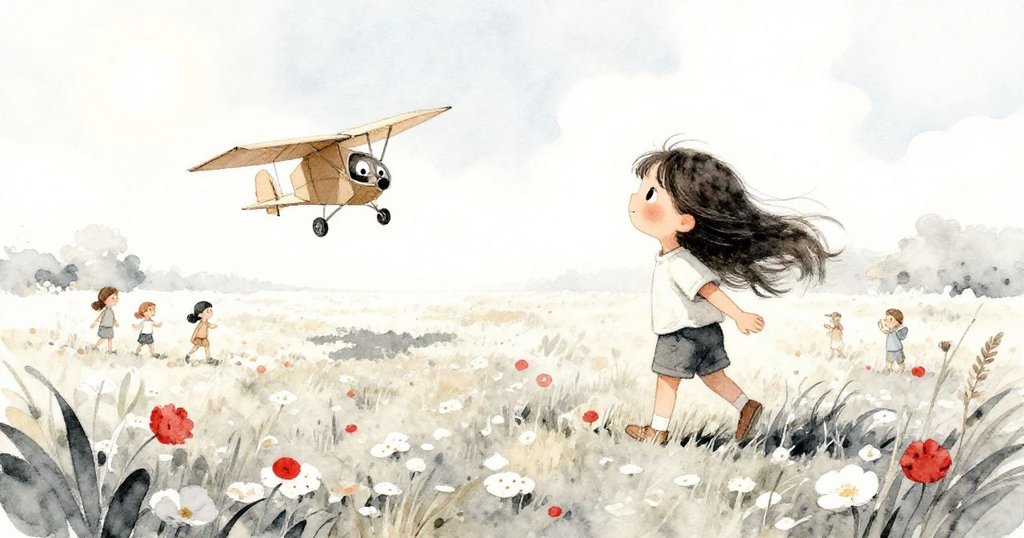 整個草地展現花瓣灑落畫面,莉拉與紙飛機顯得渺小,孩子們在彩色花雨中歡笑,故事溫馨落幕。