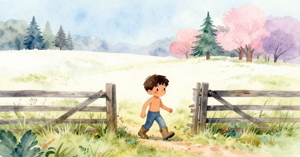 Mateo完成乾草搬運後，穿過破損圍欄進入牧場，表情期待，背景開闊自然，故事開始展開。