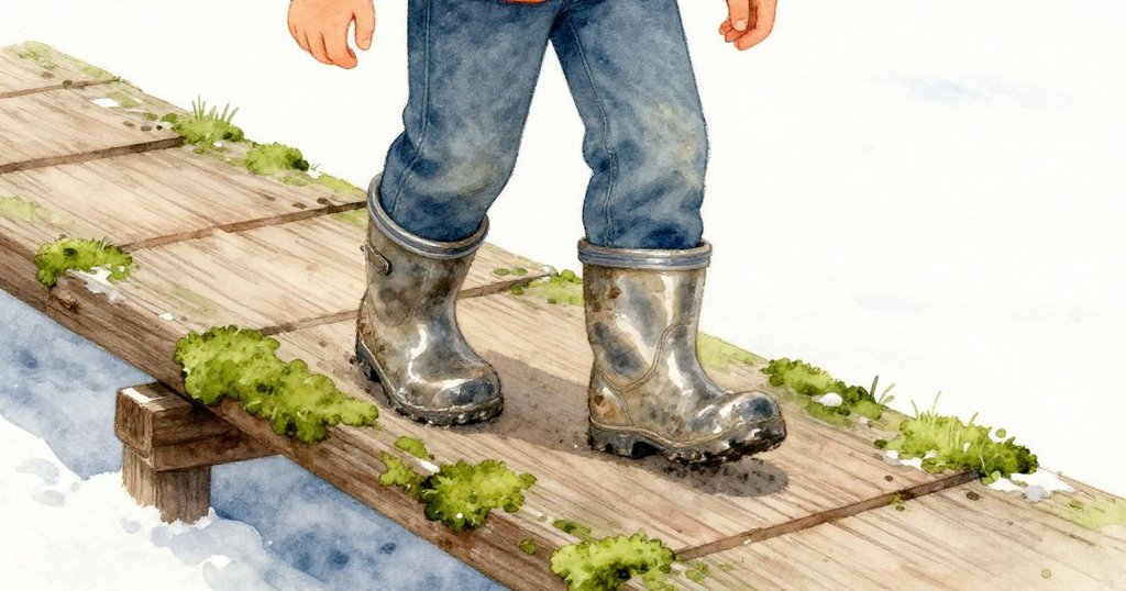 Mateo停下來觀察青苔覆蓋的木板，仔細觸摸木質紋理，表情專注，強調自然歲月痕跡。