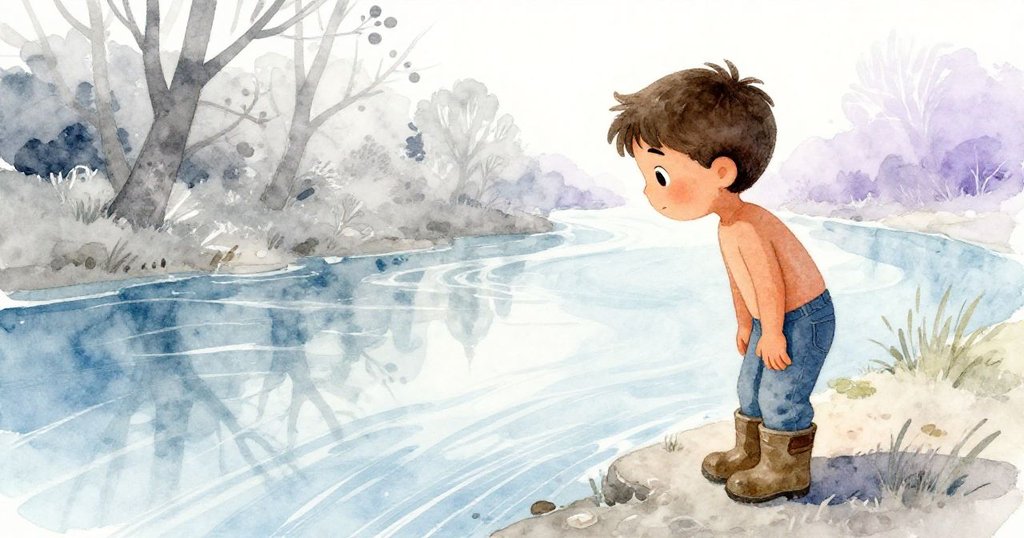 Mateo凝視河水中倒影，映出樹影與自己，內心沉思，氛圍靜謐，自然與時間相互交織。