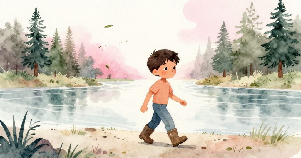 Mateo在漸暗的河岸上前行，微風吹拂著搖曳樹葉，臉上流露期待和小心，環境靜謐變幻。