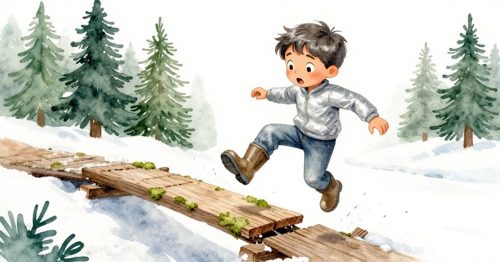 Mateo因木板突然破裂而迅速跳躍，表情驚訝緊張，木橋背景斑駁，動感十足，情節轉折激烈。