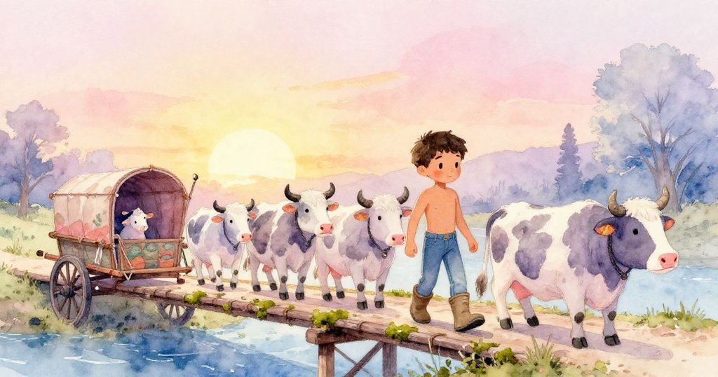 Mateo推著滿載牛群的推車穿越足橋，夕陽金光溫暖農場入口，牛群安靜跟隨，故事圓滿落幕。