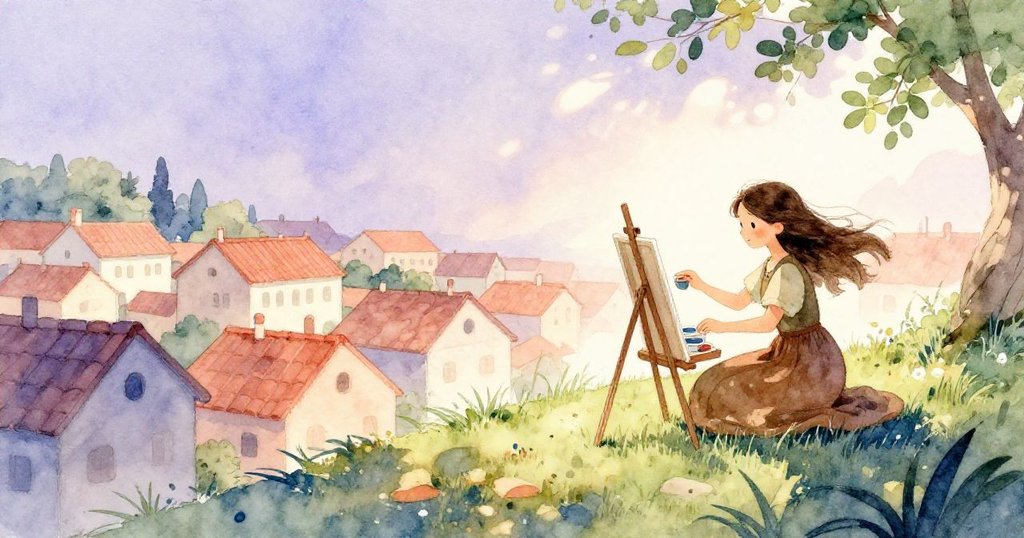 瑪拉在中午溫暖光線下登上翠綠山坡,設置畫架與顏料,村落遠景燦爛,神情專注,開啟充滿希望的創作之旅。