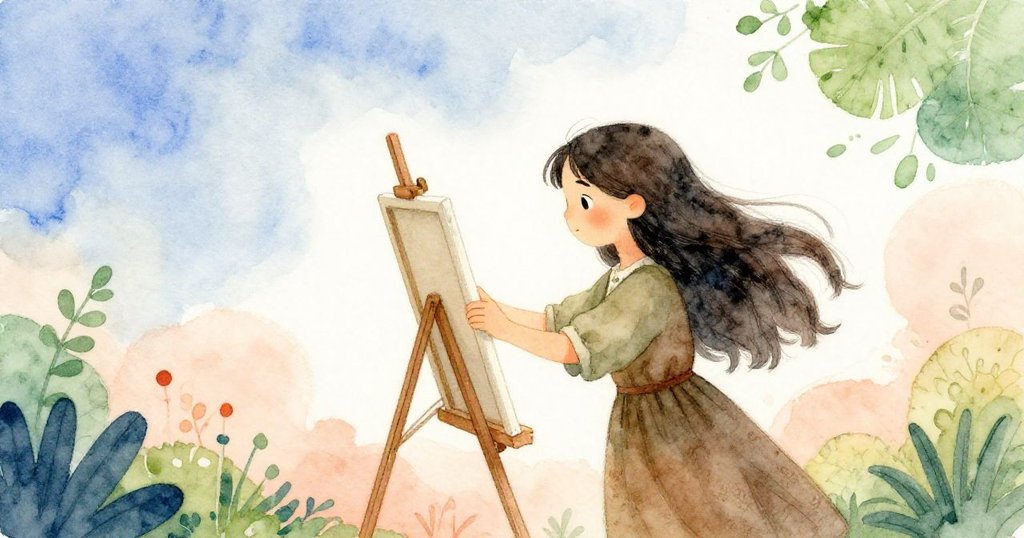 瑪拉聚精會神輕敲畫框,空白畫布襯托出孤寂空間,內心充滿緊張與期待,創作初現端倪。