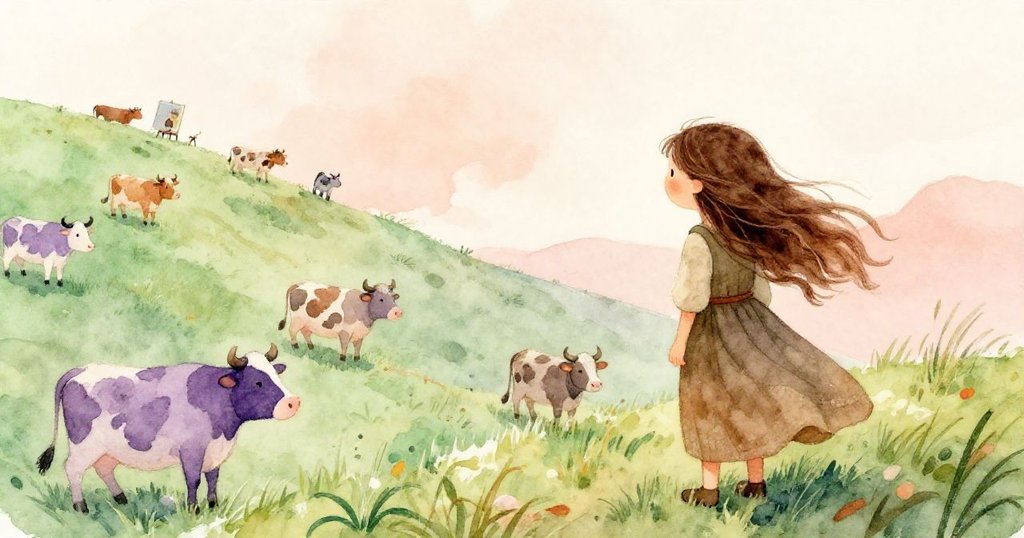 從一隻牛的視角觀察,山坡上牛群緩緩行動,瑪拉專注繪畫,場面和諧且富有童趣,展現大自然的親近之美。