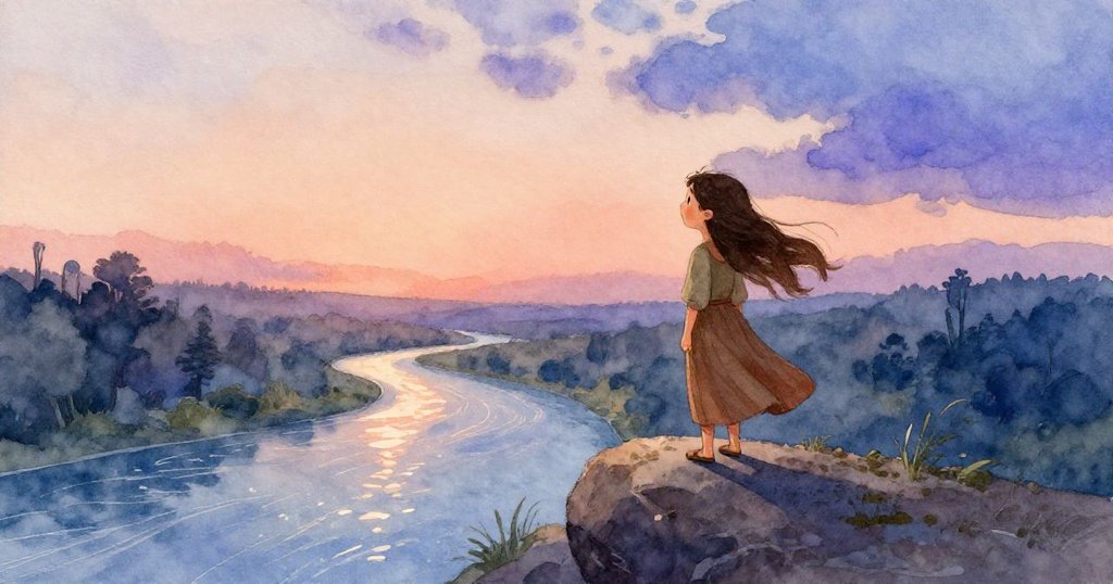 日暮時分,瑪拉登上岩石,舉筆向漸變夜空揮灑創意,遠處河流如緞閃爍,展現時光流轉的詩意。