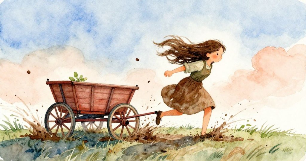 混亂中農夫馬車急轉奔馳,泥濺劃過畫布,瑪拉迅速揮筆化意外為靈動鳥群,氣氛緊張中見創意飛揚。