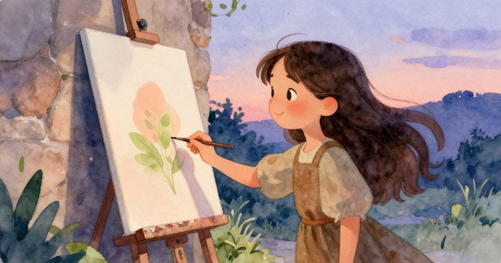 傍晚時分,瑪拉站在石牆旁,完成充滿生氣畫作展現村景,溫柔夕光中滿懷喜悅,落幕創作旅程。