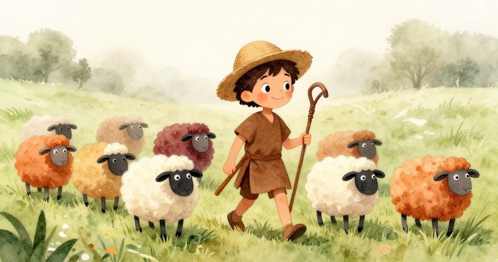 年輕牧羊人走在綠草原上，後跟著十隻毛茸茸的羊，晨霧中展現期待表情和溫暖氛圍。