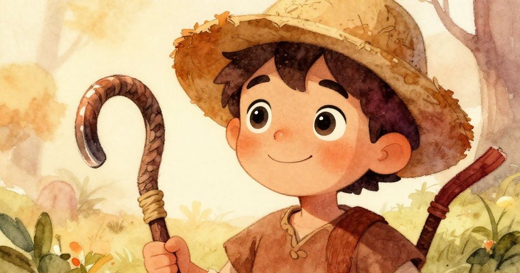 年輕牧羊人特寫秀出充滿期待的眼神，背景隱約呈現綠草，表現出溫暖晨光和希望情感。