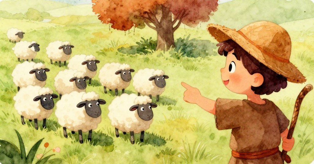 從牧羊人背後看，他伸手指向樹蔭，十隻羊緩步跟隨，背景呈現生機盎然綠色田野。