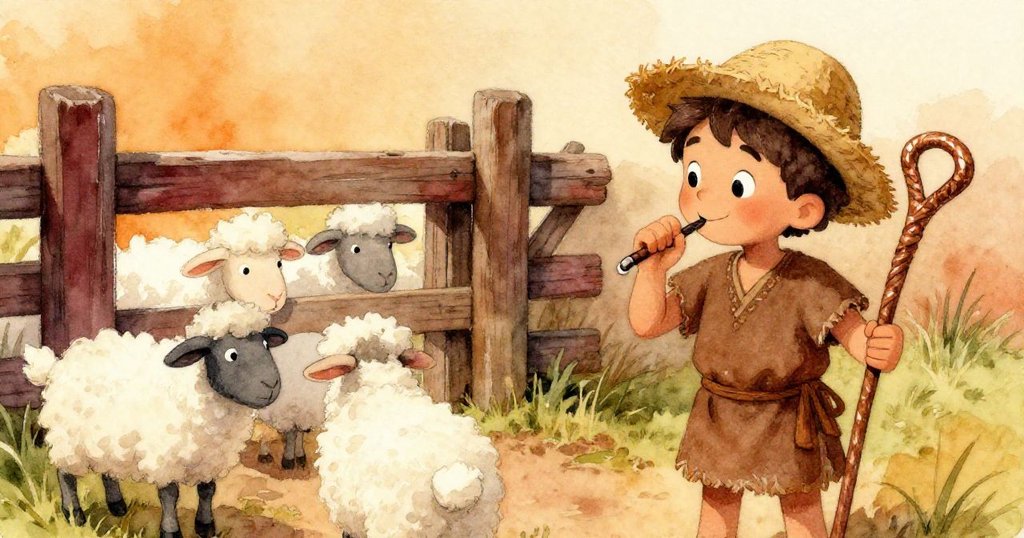 牧羊人見牛隻擋路而停下身來，側步輕吹口哨，羊群順著開口緩行，展現平靜轉機。