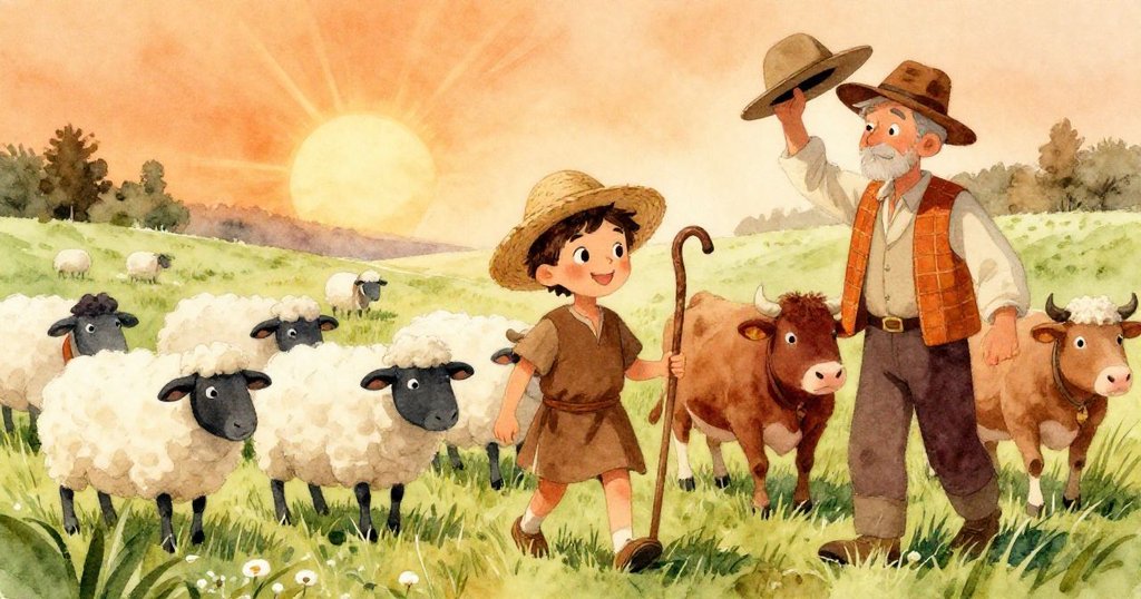 在金色陽光下，羊群緩步進入新鮮綠草，牧牛人微笑舉帽，整個場景溫馨寧靜、充滿滿足感。