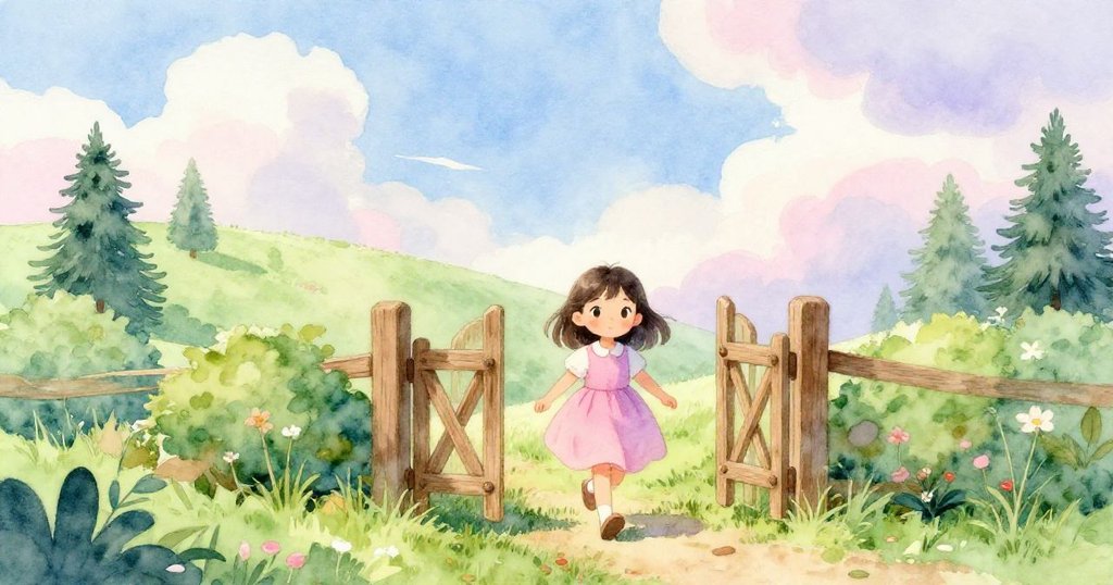 米拉拿著小畫冊穿過打開的木門，背景為綠意山丘和漂浮雲朵，臉上帶著期待與興奮，故事開頭充滿冒險氣息。