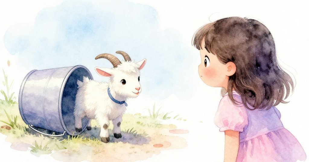 從米拉肩後視角看見淘氣的山羊靠近倒下的水桶，米拉流露出好奇與輕鬆的微笑，展現了故事中的互動細節。