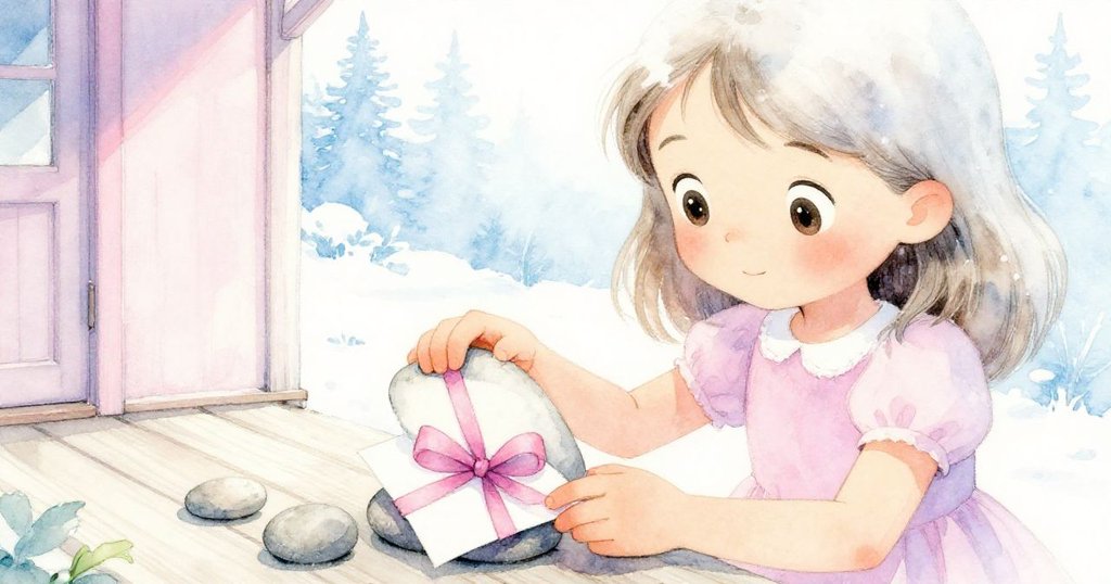 米拉在門廊邊彎腰揭開光滑石頭，露出裡面藏有亮麗絲帶的邀請函，水珠滴落，表情充滿驚喜與期待，推進故事情節。