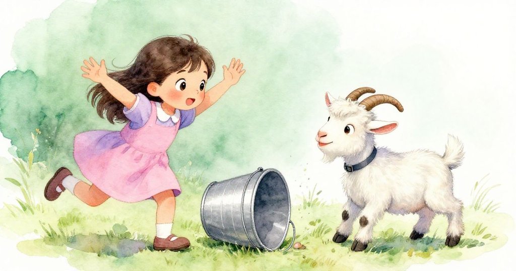 米拉在濕滑的庭院上急忙揮臂制止淘氣的山羊，試圖平衡滑移的步伐，神情專注與緊張，展現情節高潮的戲劇性。