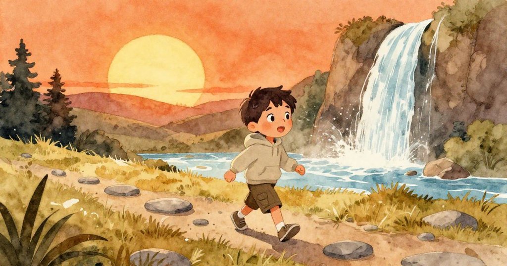 Leo 穿著輕便衣物，在晨曦金光中走進綠谷大自然公園，背景有高草與瀑布，充滿期待與活力。