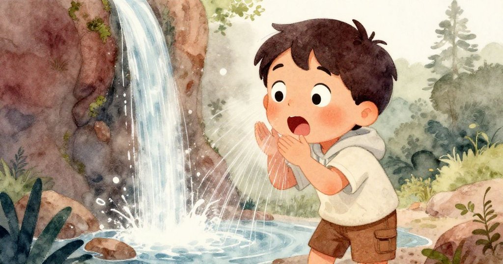 Leo 坐在岩石上，面部充滿驚喜，瀑布霧氣輕拂臉龐，流露出溫柔好奇的情感。