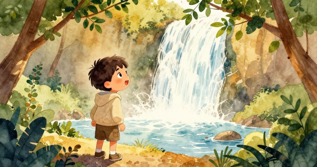 Leo 坐在岩石邊，透過翠綠樹葉自然窗框凝視壯麗瀑布，眼神裡流露出濃厚的好奇與欣賞。