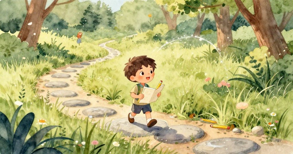 Leo 的鉛筆在石徑上滾動，碰觸小石子引發連鎖反應，果實滾動松鼠驚跳，場面活潑有趣。