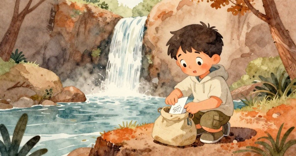 Leo 平靜地將濕畫冊收進小包，眺望瀑布流動水墨，心中充滿沉思與感激的情懷。