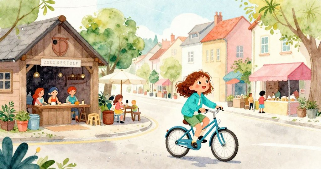 Zoe騎著自行車穿越雨後微亮的小鎮街道,背景有舊工房與市場,充滿期待與活力,展現故事開端。