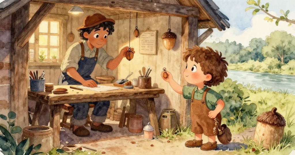 Zoe的手中緊握精緻木質橡果吊墜,木紋細膩流露自然美感,象徵深厚記憶,展現故事主題。