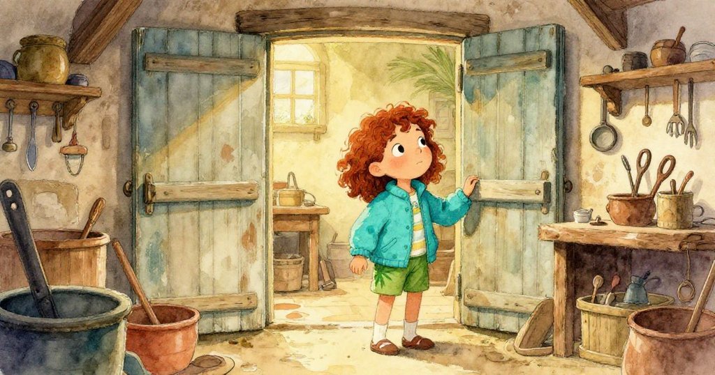 在舊工房內部,Zoe探索充滿懷舊木質細節和工具的空間,柔和光線映出溫馨記憶,展現故事情感。